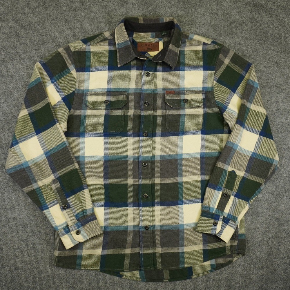 Orvis Heavy Flannel Button Down Shirt Mens Large Green Blue Plaid Pockets - Picture 2 of 11
